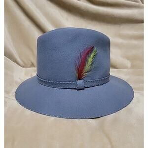 Vintage 1950s Women's Bollman Doeskin Gray/Blue Wool Brimmed Hat Feathers